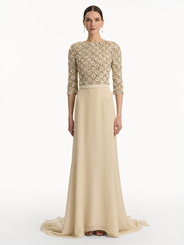Oscar De La Renta Mother Of Pearl Embroidered Gown