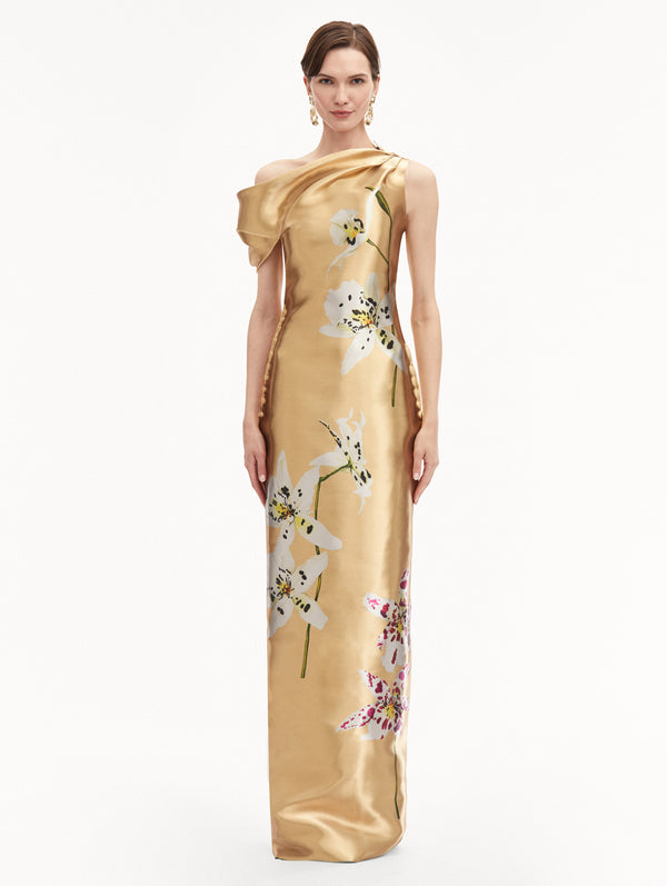 Oscar De La Renta Orchid Gold Metal Organza Gown