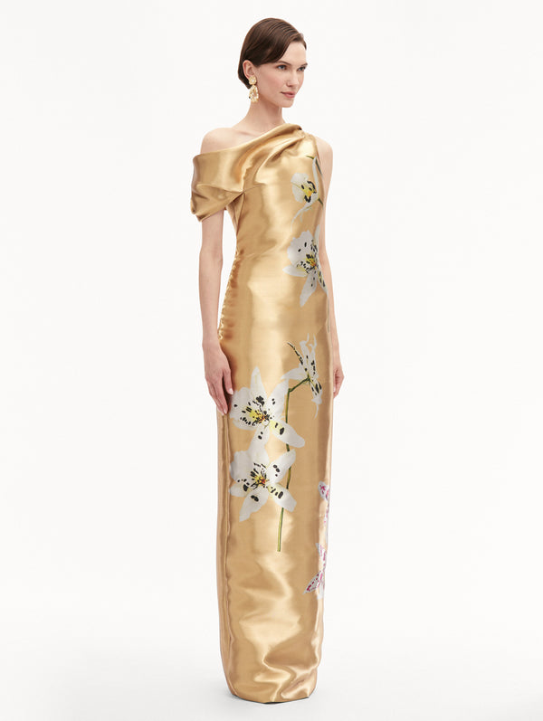 Oscar De La Renta Orchid Gold Metal Organza Gown