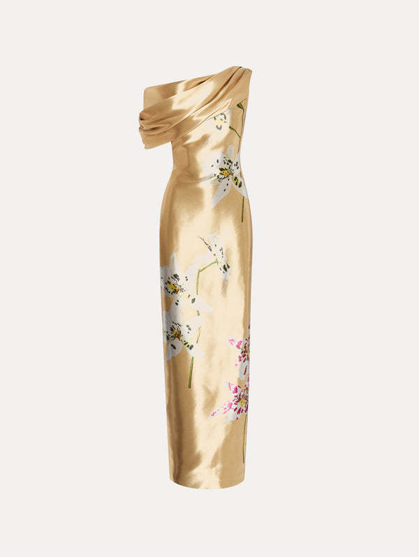 oscar de la renta Orchid Gold Metal Organza Gown