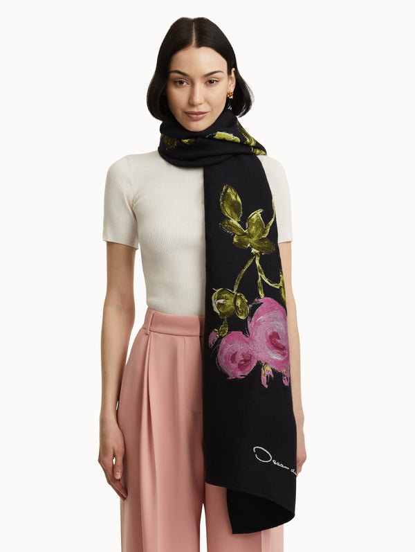 Oscar De La Renta Painted Roses Wool-Blend Scarf
