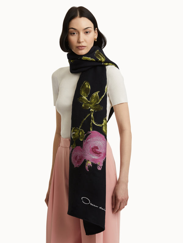 Oscar De La Renta Painted Roses Wool-Blend Scarf