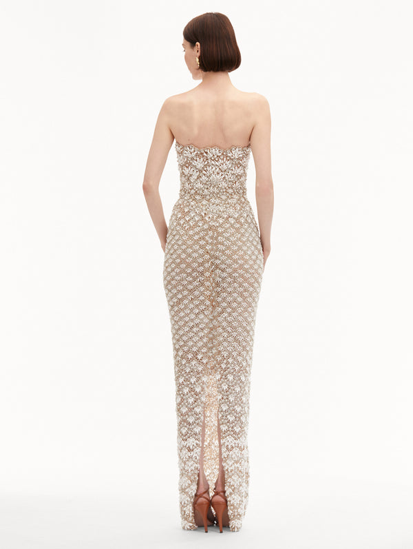 Oscar De La Renta Pearl Embroidered Scallop Gown