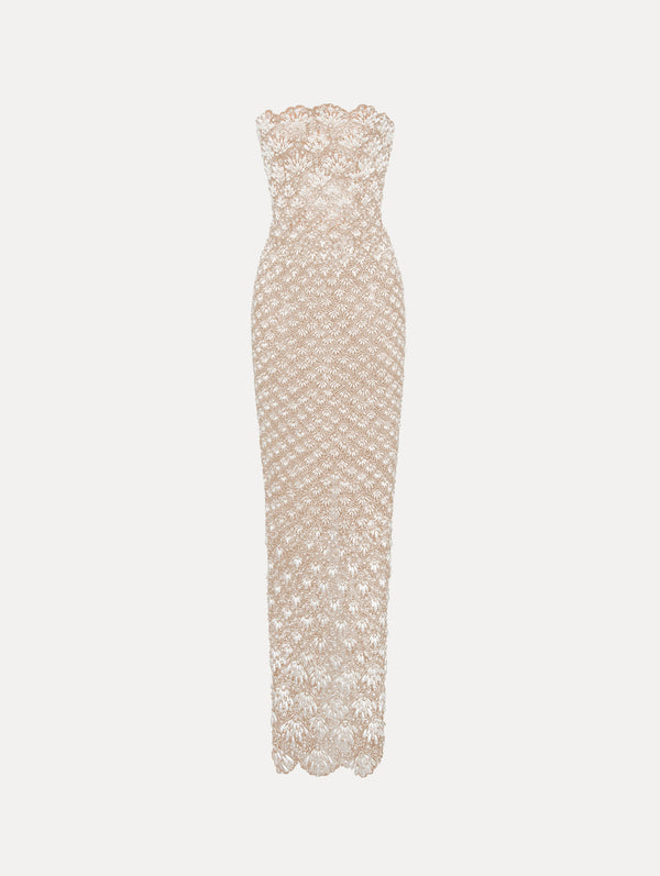 oscar de la renta Pearl Embroidered Scallop Gown