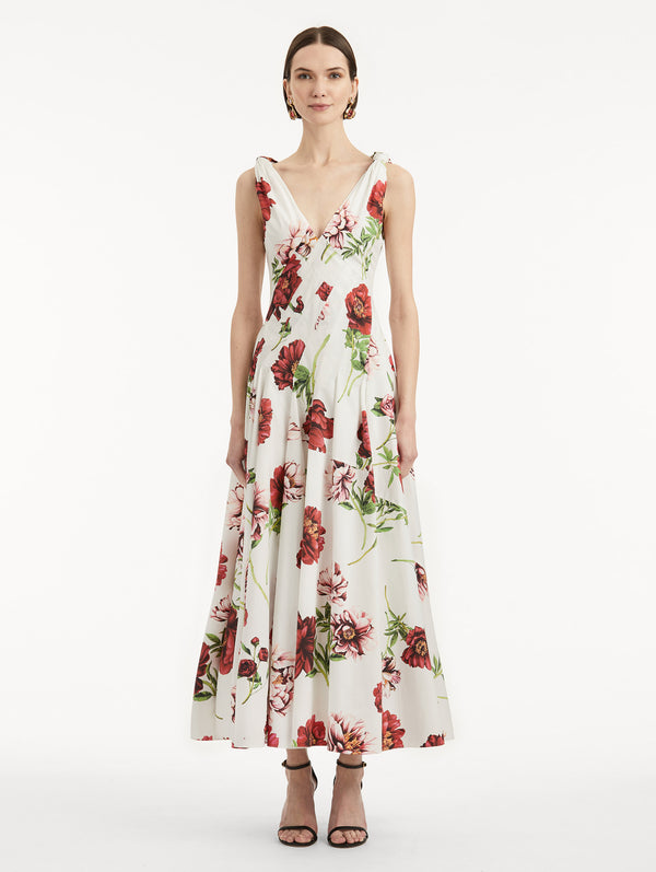 Oscar De La Renta Peony Cotton Poplin V-Neck Dress