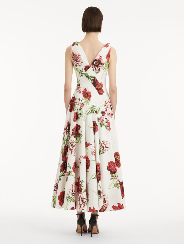 Oscar De La Renta Peony Cotton Poplin V-Neck Dress