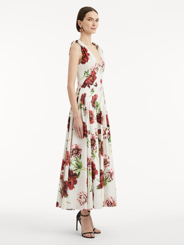 Oscar De La Renta Peony Cotton Poplin V-Neck Dress