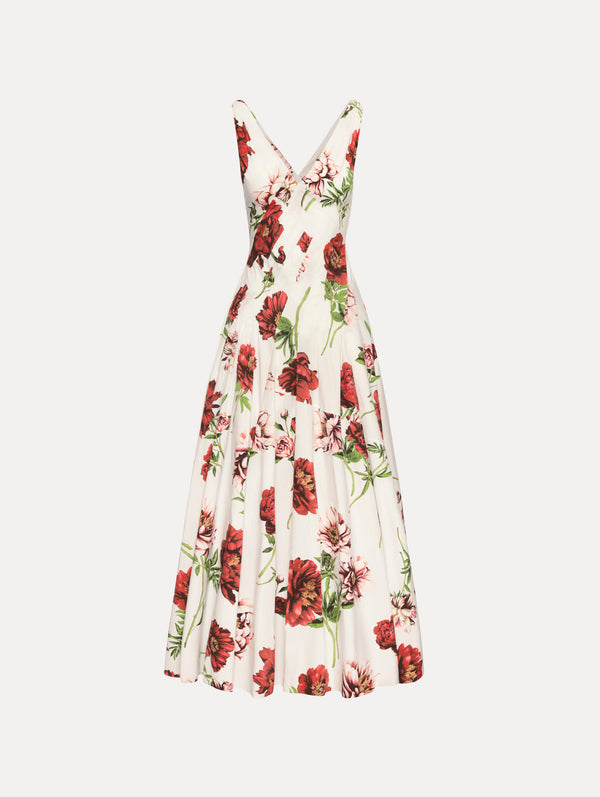 oscar de la renta Peony Cotton Poplin V-Neck Dress