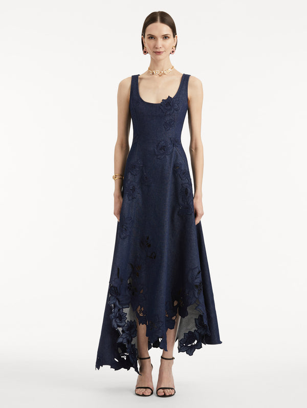 Oscar De La Renta Peony Embroidered Denim Dress