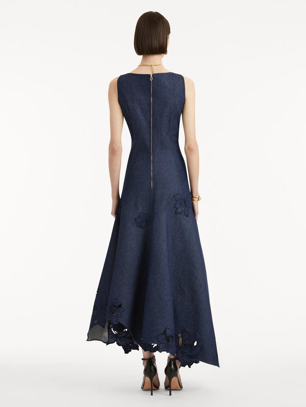 Oscar De La Renta Peony Embroidered Denim Dress