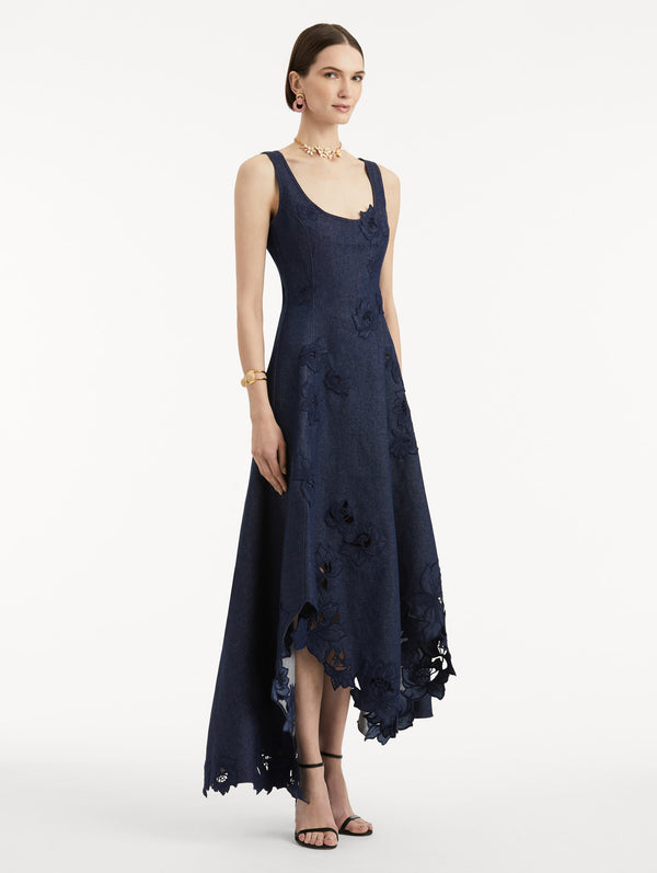 Oscar De La Renta Peony Embroidered Denim Dress