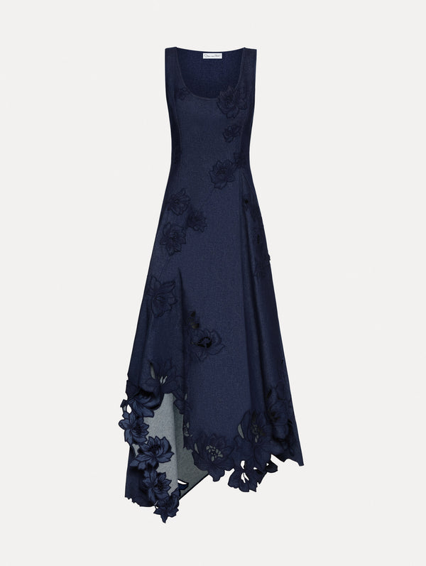 oscar de la renta Peony Embroidered Denim Dress
