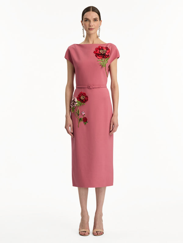 Oscar De La Renta Peony Embroidered Wool Dress