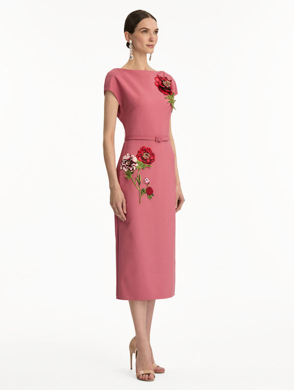 Oscar De La Renta Peony Embroidered Wool Dress