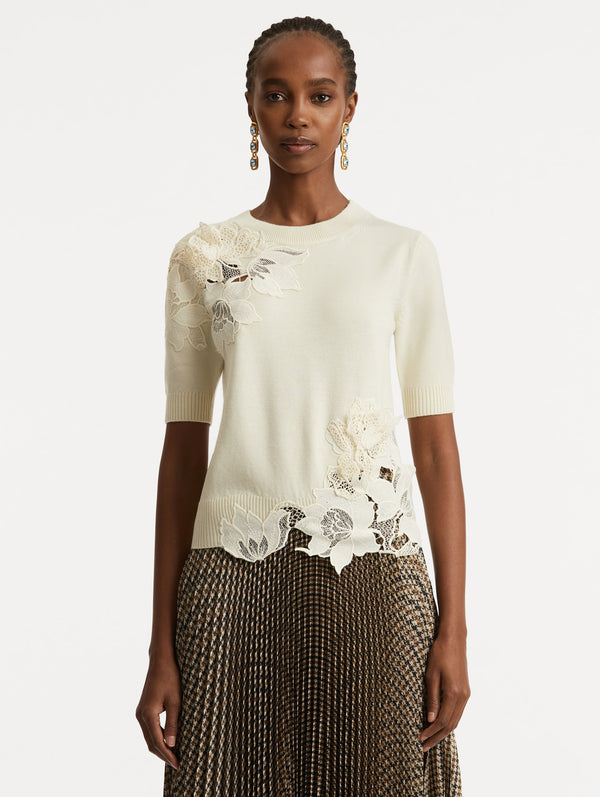 Oscar De La Renta Peony Guipure Insert Pullover