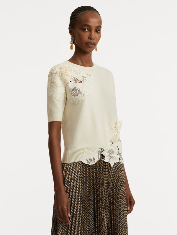 Oscar De La Renta Peony Guipure Insert Pullover