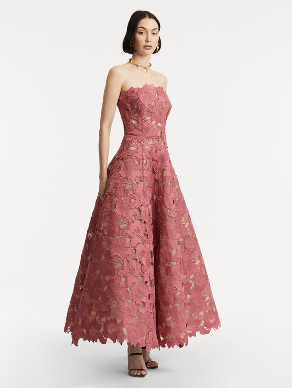 Oscar De La Renta Peony Guipure Tea Length Gown