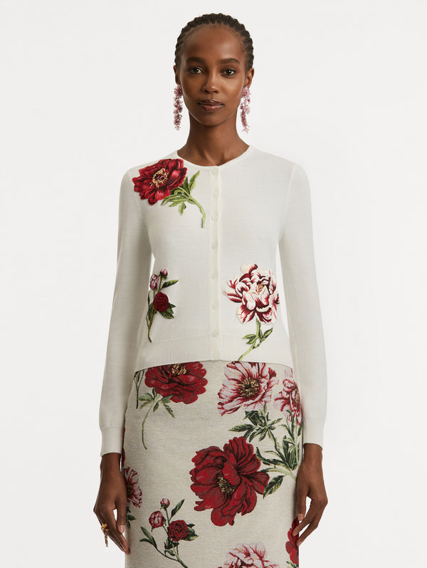 Oscar De La Renta Peony Threadwork Cardigan