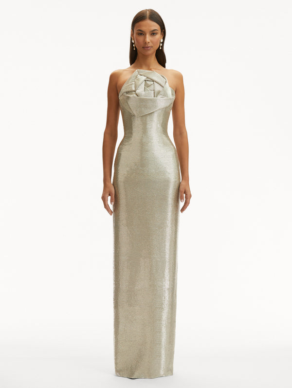 Oscar De La Renta Rosette Bugle Bead Column Gown