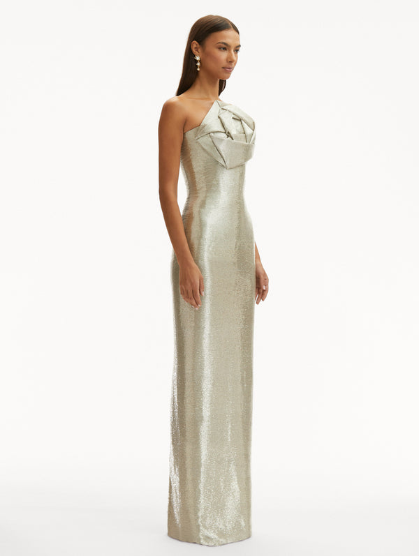 Oscar De La Renta Rosette Bugle Bead Column Gown