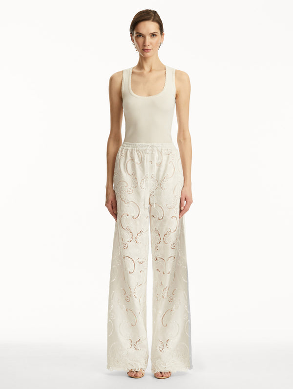 Oscar De La Renta Scroll Guipure Wide Leg Pant