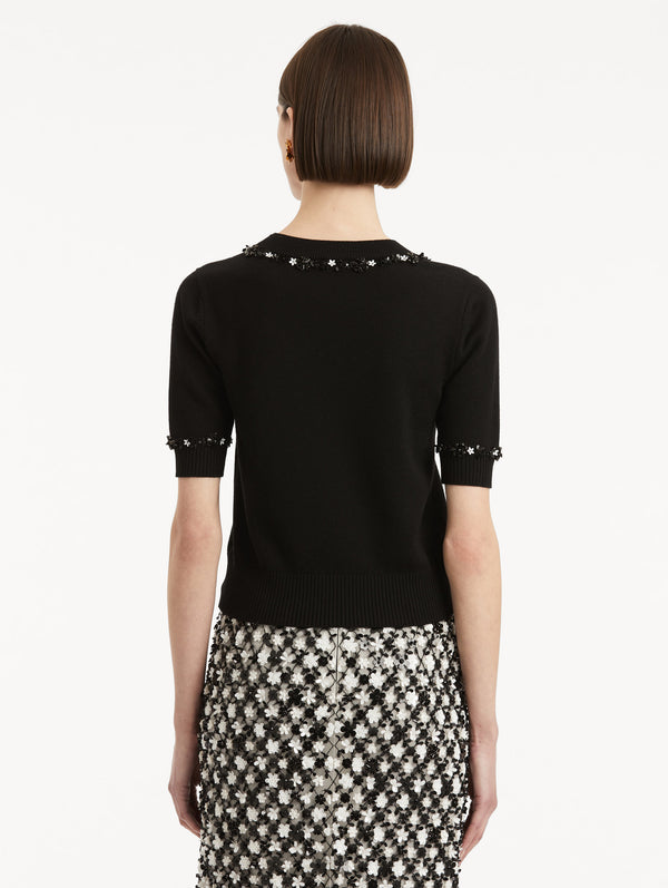 Oscar De La Renta Sequin Floret Trim Pullover