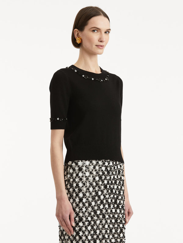 Oscar De La Renta Sequin Floret Trim Pullover
