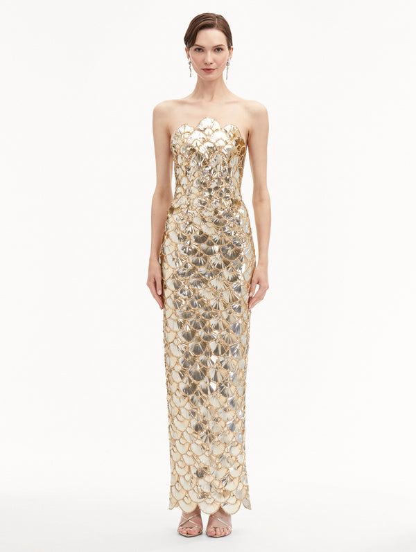Oscar De La Renta Sequin Scallop Embroidered Gown