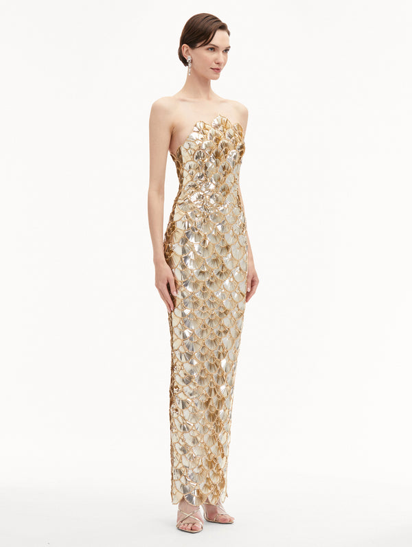 Oscar De La Renta Sequin Scallop Embroidered Gown