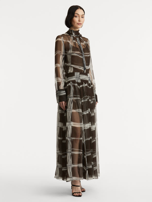 Oscar De La Renta Wavy Plaid Silk Chiffon Dress