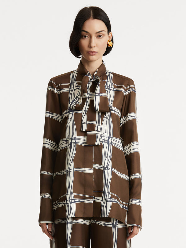 Oscar De La Renta Wavy Plaid Silk Twill Blouse