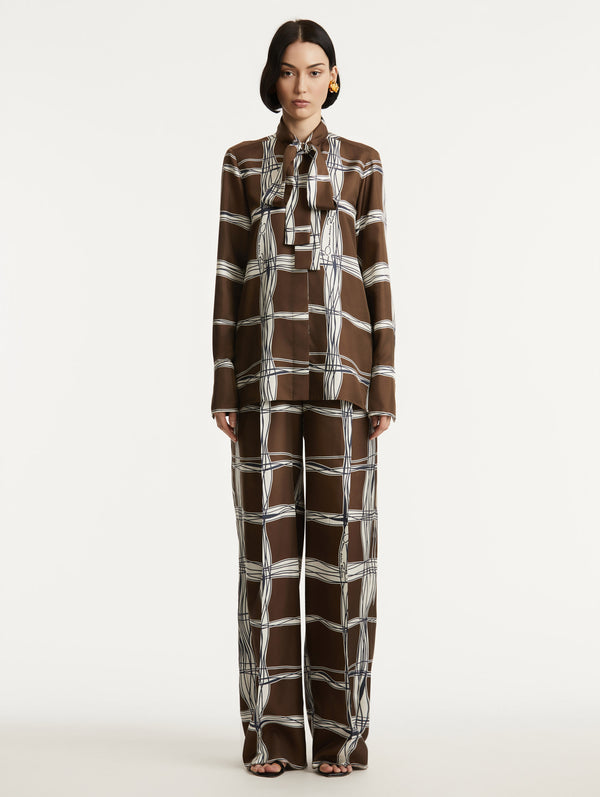 Oscar De La Renta Wavy Plaid Silk Twill Blouse