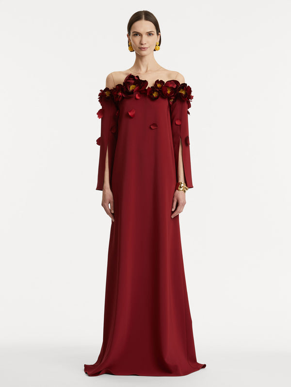 Oscar De La Renta Peony Appliqué Illusion Neck Caftan