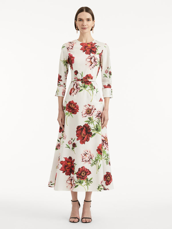 Oscar De La Renta Peony Cotton Poplin 3/4 Sleeve Dress
