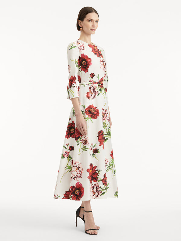 Oscar De La Renta Peony Cotton Poplin 3/4 Sleeve Dress