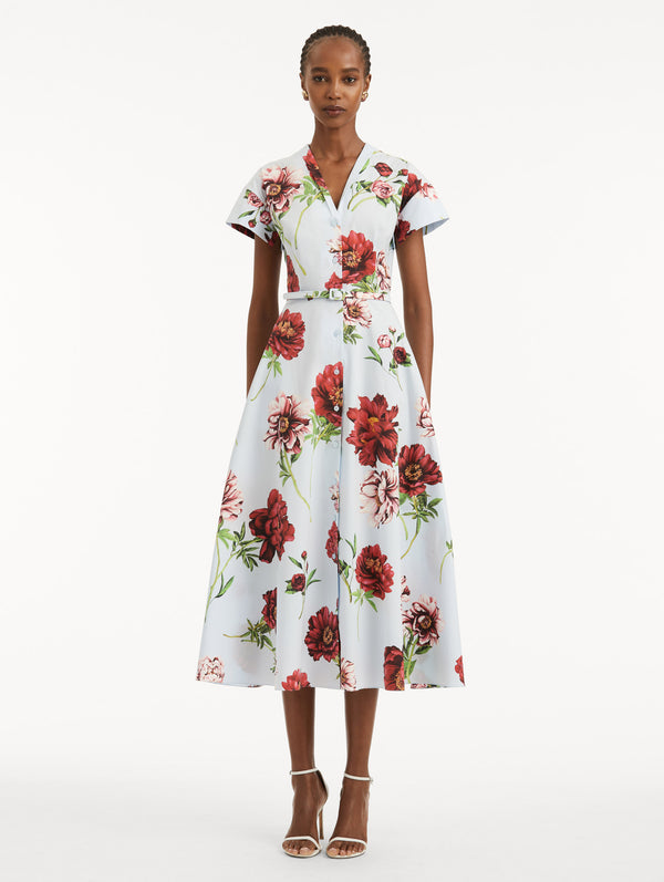 Oscar De La Renta Peony Cotton Poplin Short Sleeve Dress