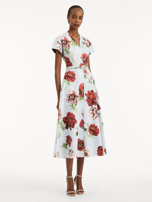Oscar De La Renta Peony Cotton Poplin Short Sleeve Dress