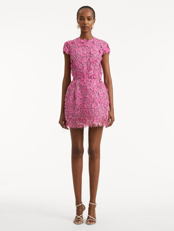 Oscar De La Renta Peony Sequin And Raffia Embroidered Dress