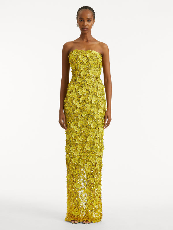 Oscar De La Renta Peony Sequin And Raffia Embroidered Gown