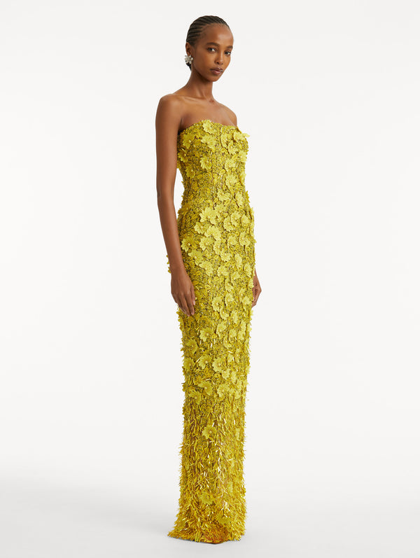 Oscar De La Renta Peony Sequin And Raffia Embroidered Gown