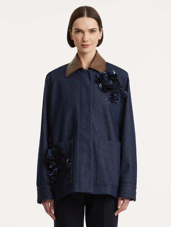 Oscar De La Renta Peony Sequin Embroidered Denim Jacket
