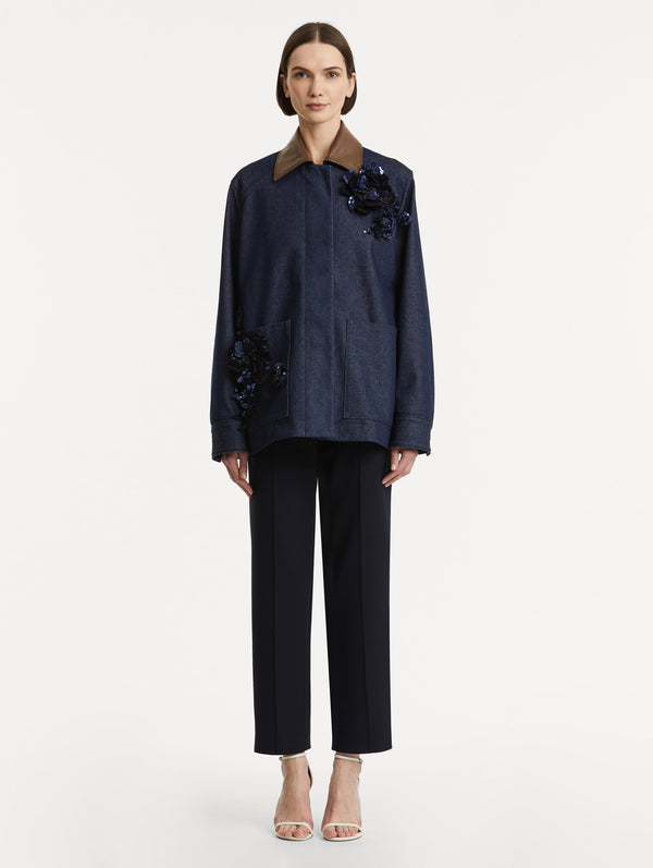 Oscar De La Renta Peony Sequin Embroidered Denim Jacket