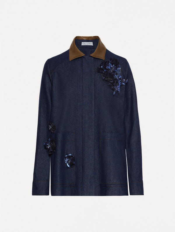 oscar de la renta Peony Sequin Embroidered Denim Jacket