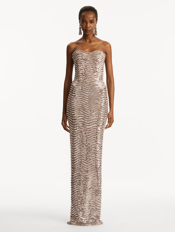 Oscar De La Renta Sequin & Crystal Wave Embroidered Gown