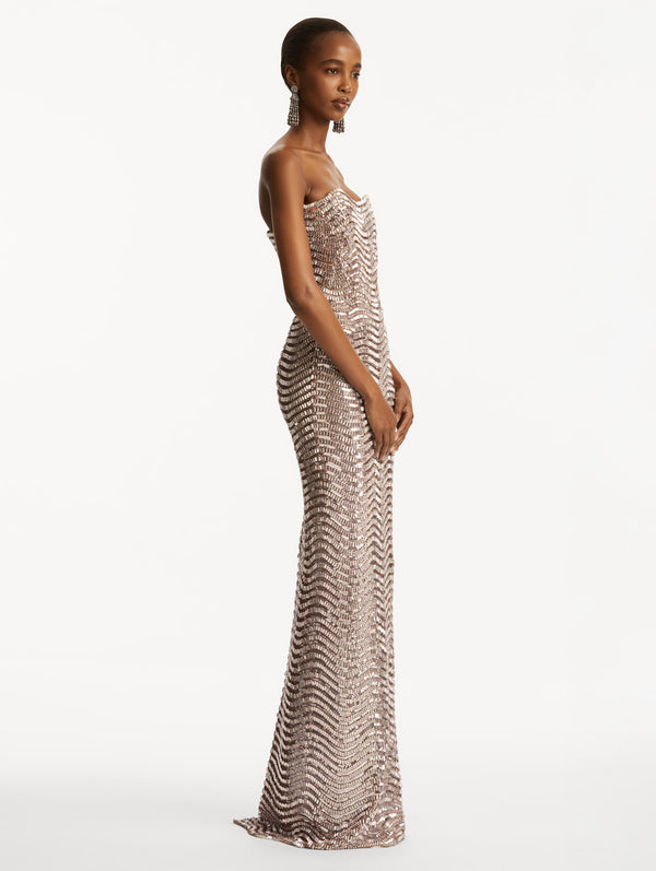 Oscar De La Renta Sequin & Crystal Wave Embroidered Gown