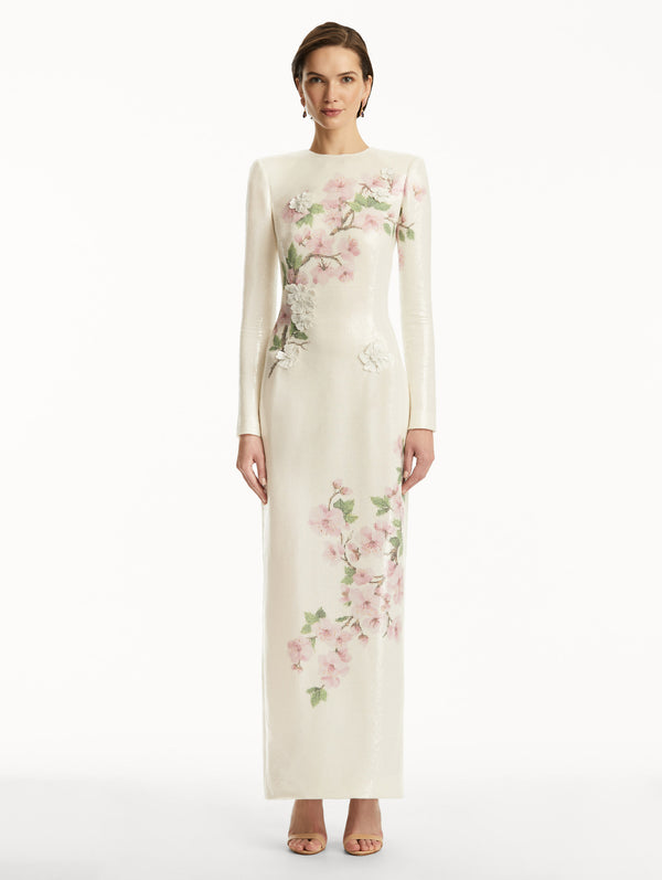 Oscar De La Renta Sequin Jersey Cherry Blossom Gown