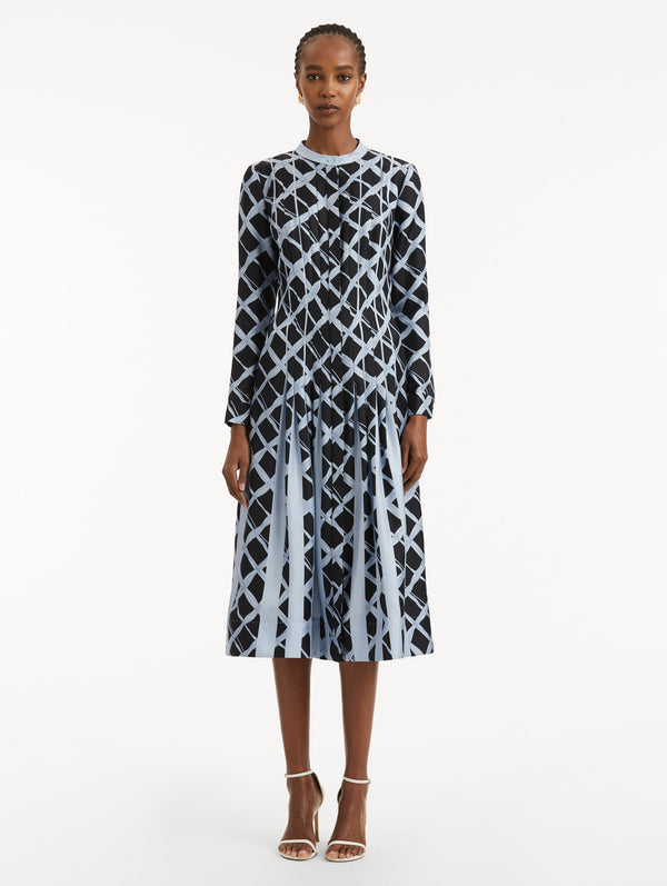 Oscar De La Renta Wavy Plaid Inset Silk Twill Dress