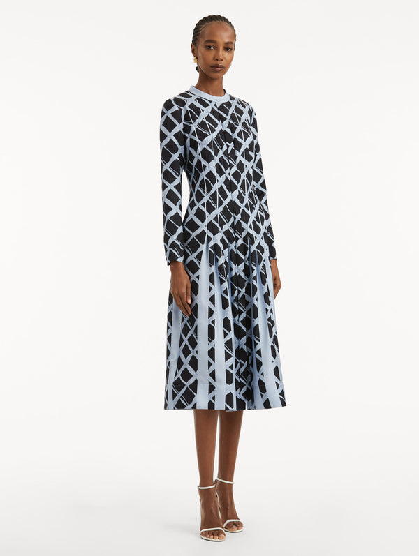 Oscar De La Renta Wavy Plaid Inset Silk Twill Dress