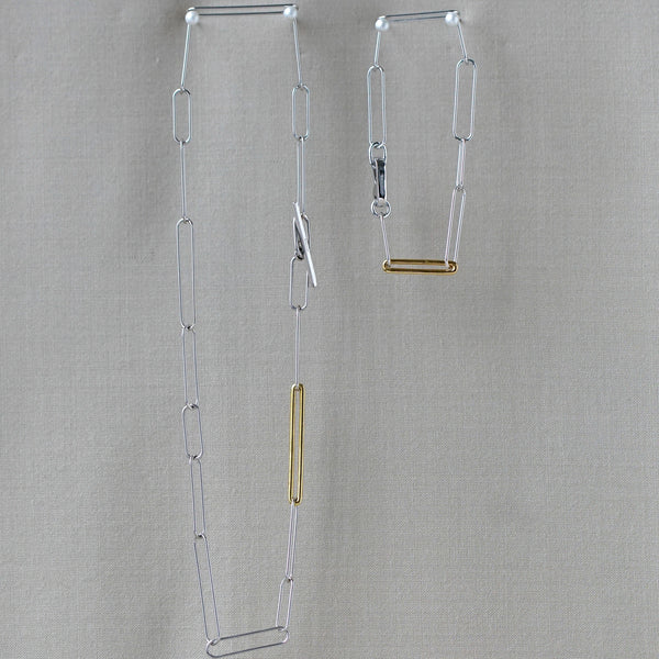 otiumberg Mixed Metal Paperclip Necklace & Bracelet Set Sterling Silver