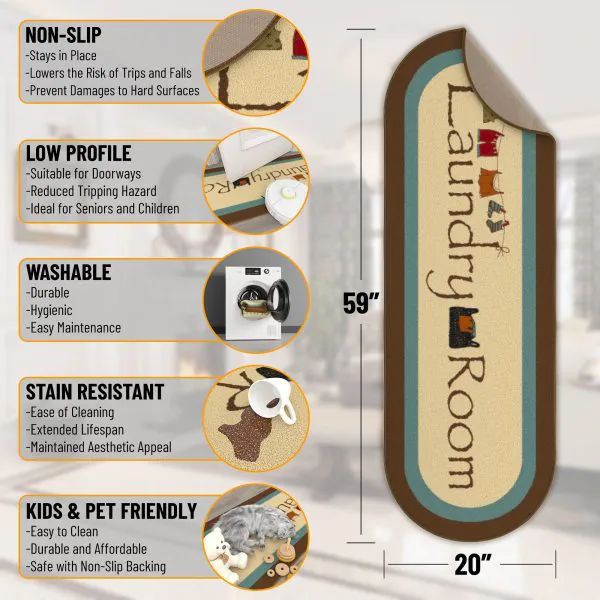 Ottomanson Laundry Collection Beige Laundry-Themed 20″ X 59″ Oval Runner Rug